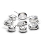 Stainless steel 9-piece cookware set: assorted pots, pans and lids on white background.