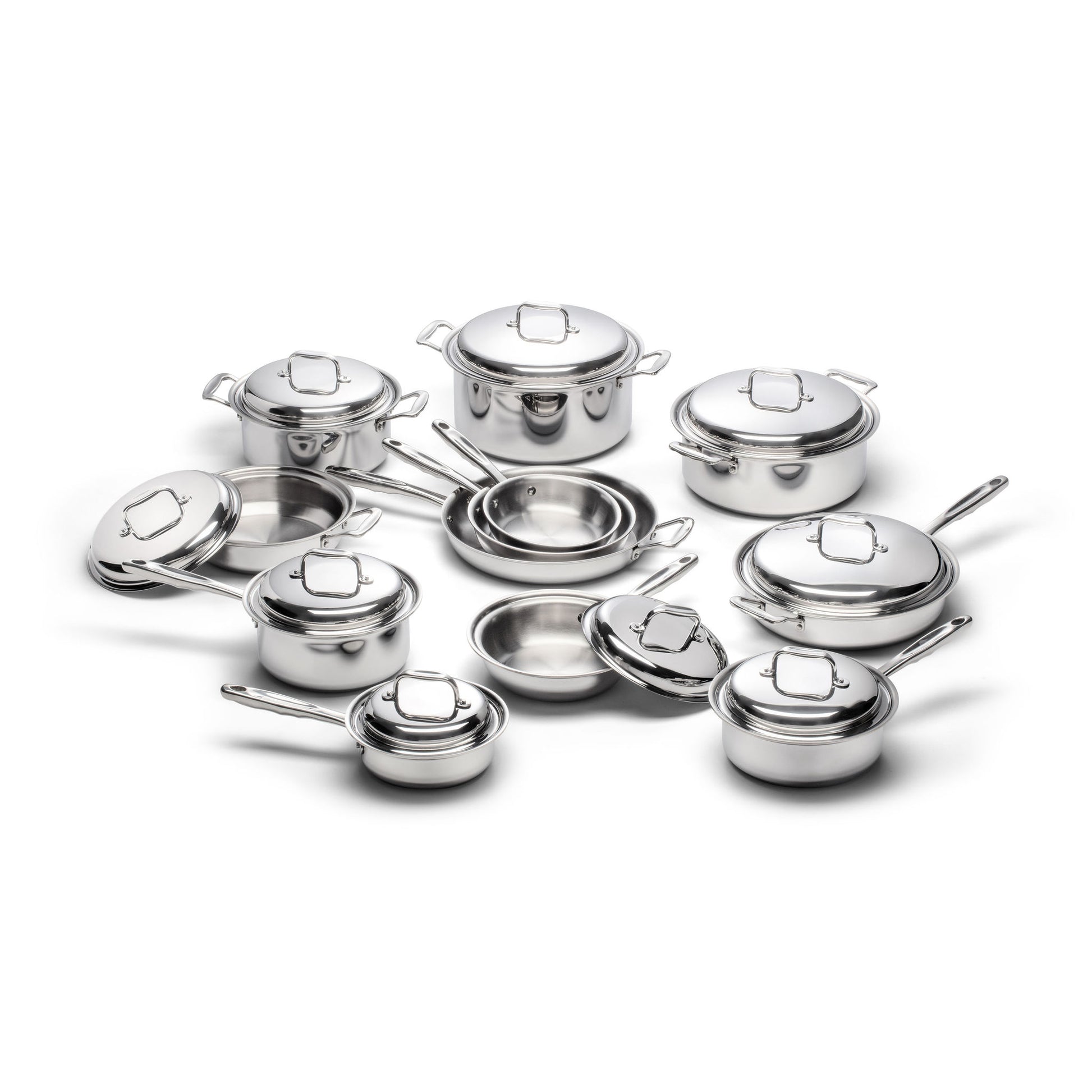 A 21-piece stainless steel cookware set including various pots and pans with lids.