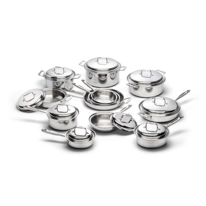 A 21-piece stainless steel cookware set including various pots and pans with lids.