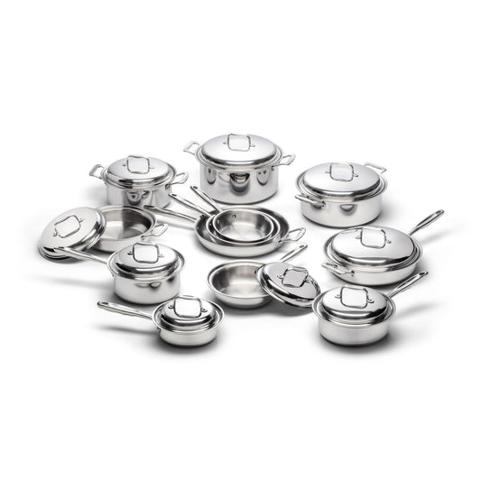 A 21-piece stainless steel cookware set including various pots and pans with lids.