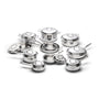 Stainless-steel cookware set with pots, pans, and lids arranged on a white background