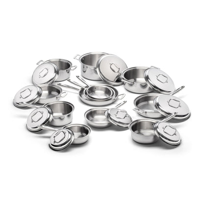 Collection of stainless steel cookware including saucepans and lids.