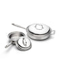 Two polished stainless-steel pans with lids: a shallow sauté pan with short side handle and a saucepan with long handle.