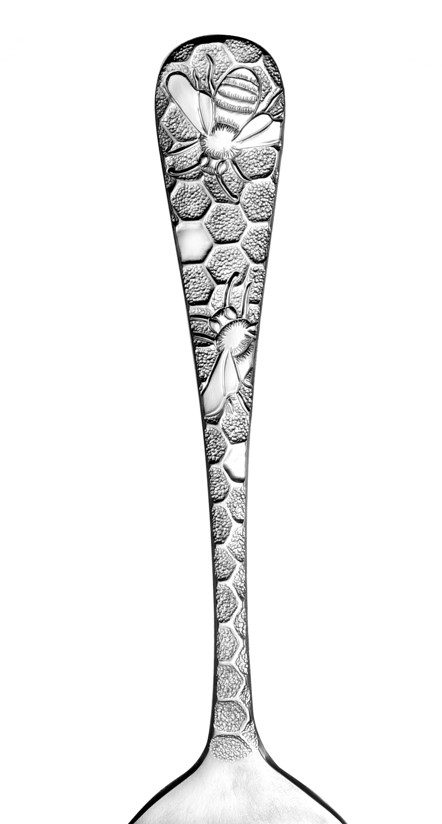 Close-up of a spoon handle with honeycomb and bee design from the Honey Bee 65 Piece Set