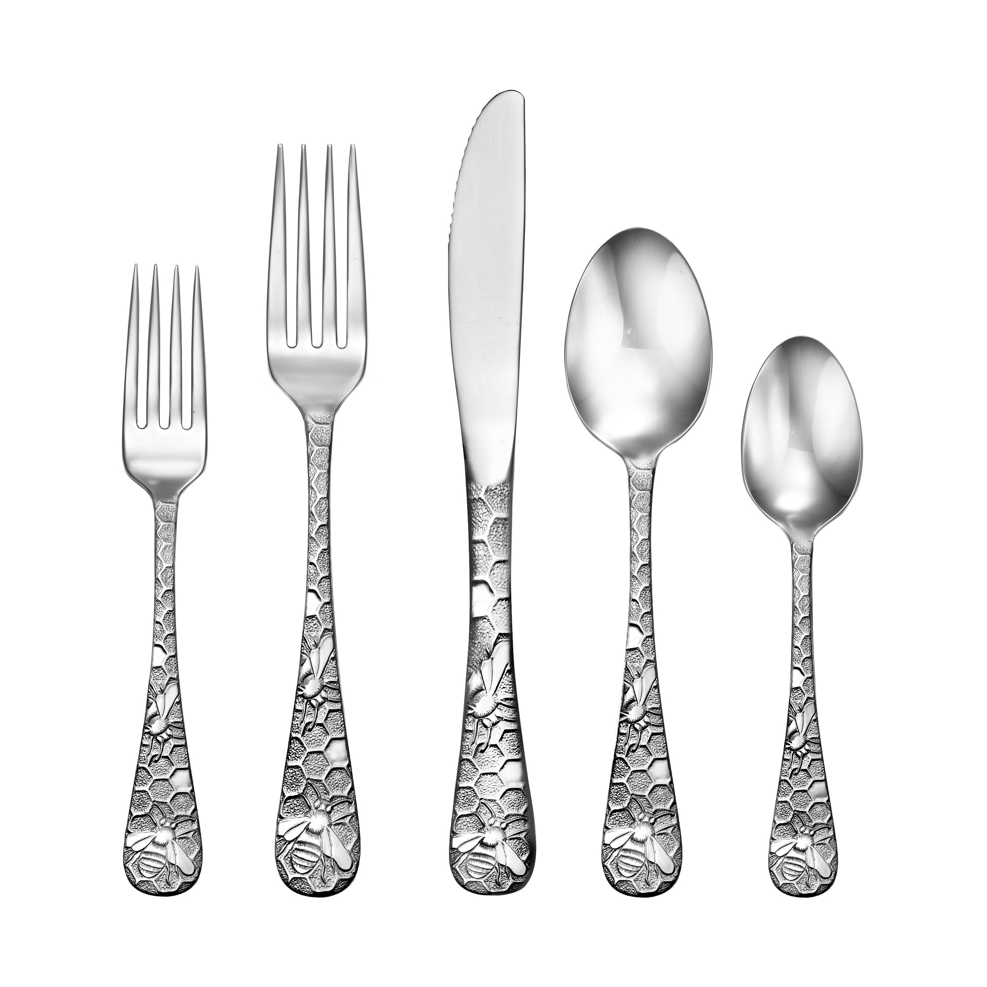 Honey Bee Flatware Set featuring nature-inspired design with bees and honeycomb pattern