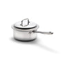 Stainless-steel saucepan with lid and long handle on white background.