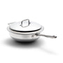 Polished stainless-steel sauté pan with lid and long handle, shown on white background.