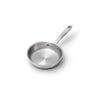 Stainless-steel frying pan with long handle and shallow interior, visible from above