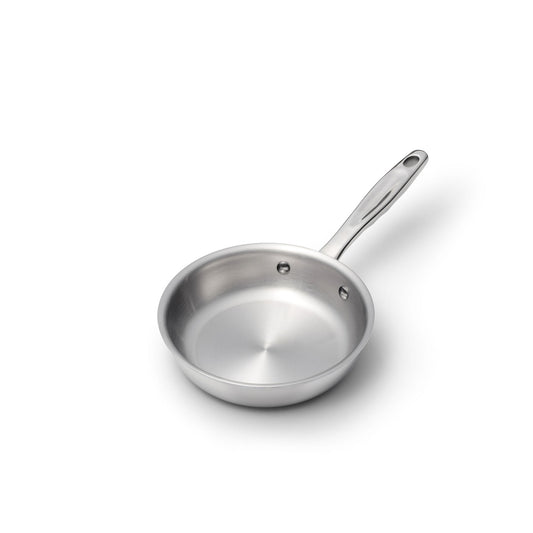 Stainless-steel frying pan with long riveted handle and brushed interior