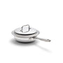 Small stainless-steel saucepan with lid and long handle on white background