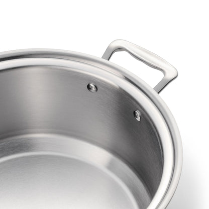Interior view of a stainless steel stock pot from the 360 Starter Set