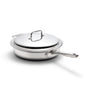Stainless-steel sauté pan with lid and long handle, angled on white background.