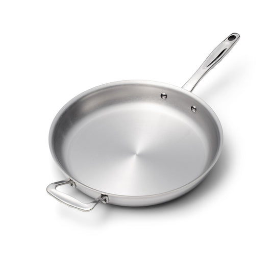 11.5 Inch Fry Pan with a polished stainless steel surface and ergonomic handle