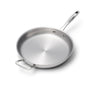 Stainless-steel frying pan with long riveted handle and small helper handle, flat cooking surface.
