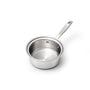Stainless steel saucepan with a long handle on a white background