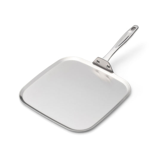 11 Inch Square Griddle made of stainless steel with a handle