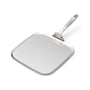 Stainless-steel square griddle pan with riveted long handle and flat cooking surface.