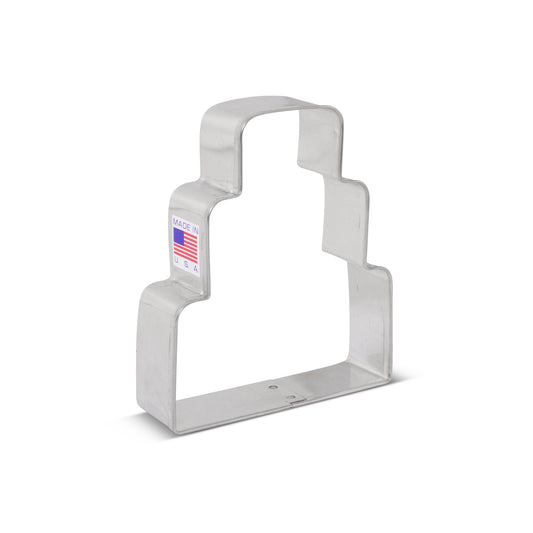 Wedding Cake Cookie Cutter in the shape of a wedding cake, made of metal, with a label indicating 'MADE IN USA'