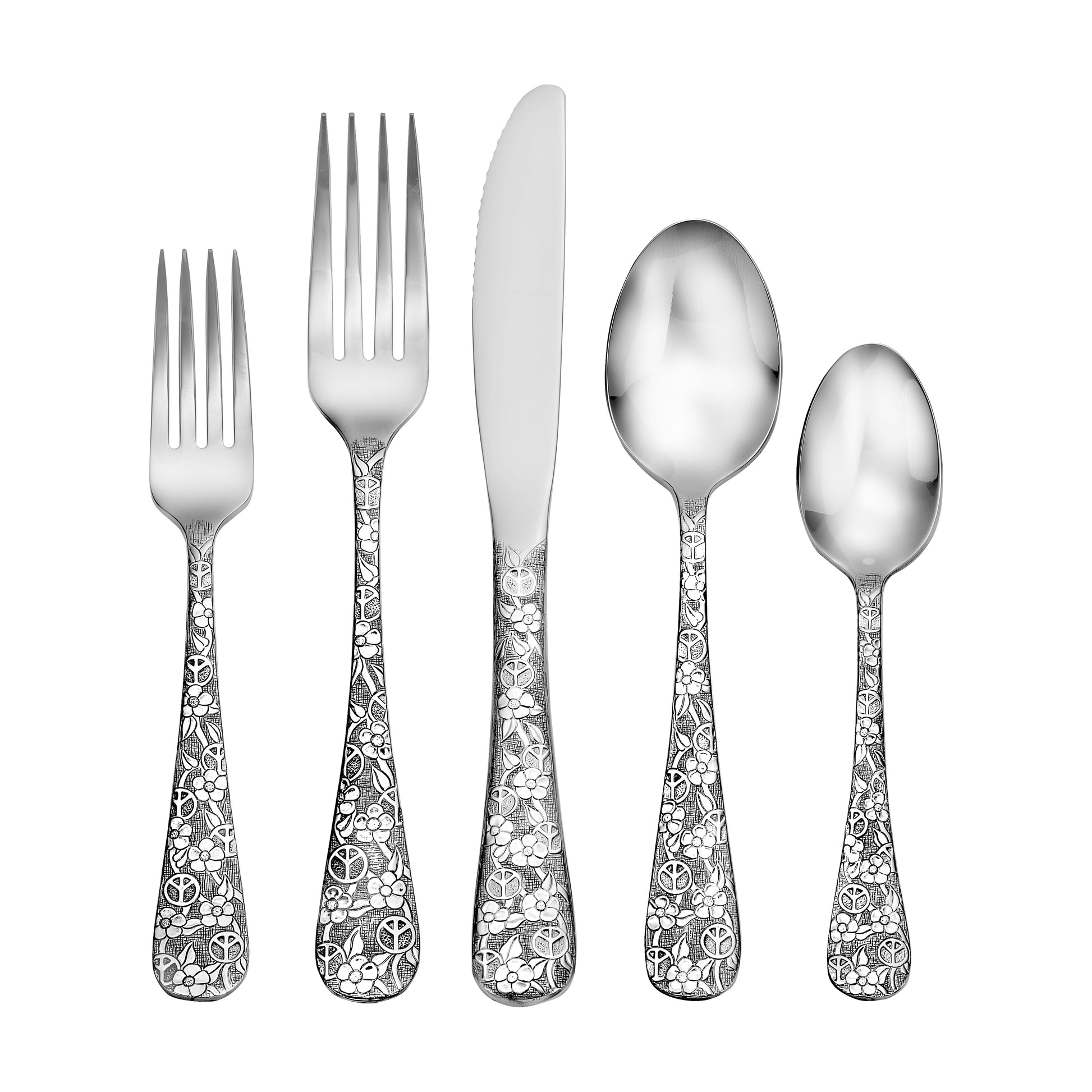 Five-piece flatware set with decorative handles including a fork, knife, and spoons.