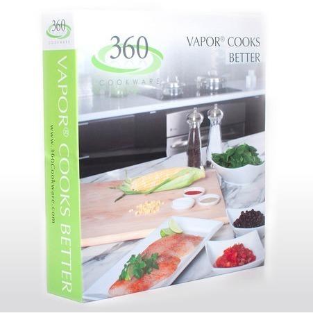 360 Cookbook titled 'Vapor Cooks Better!' featuring dishes and ingredients on a kitchen counter