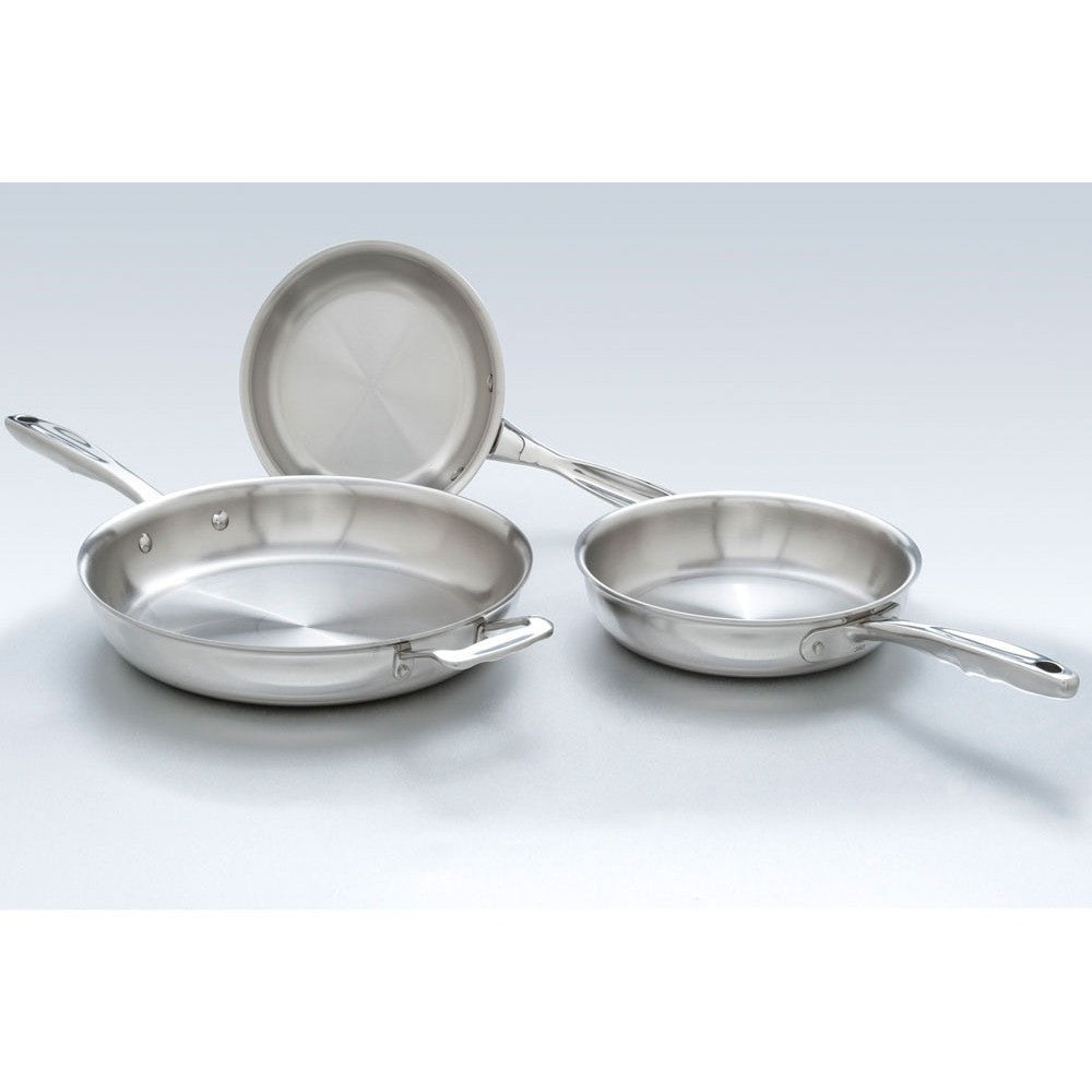 Three stainless steel fry pans in different sizes.