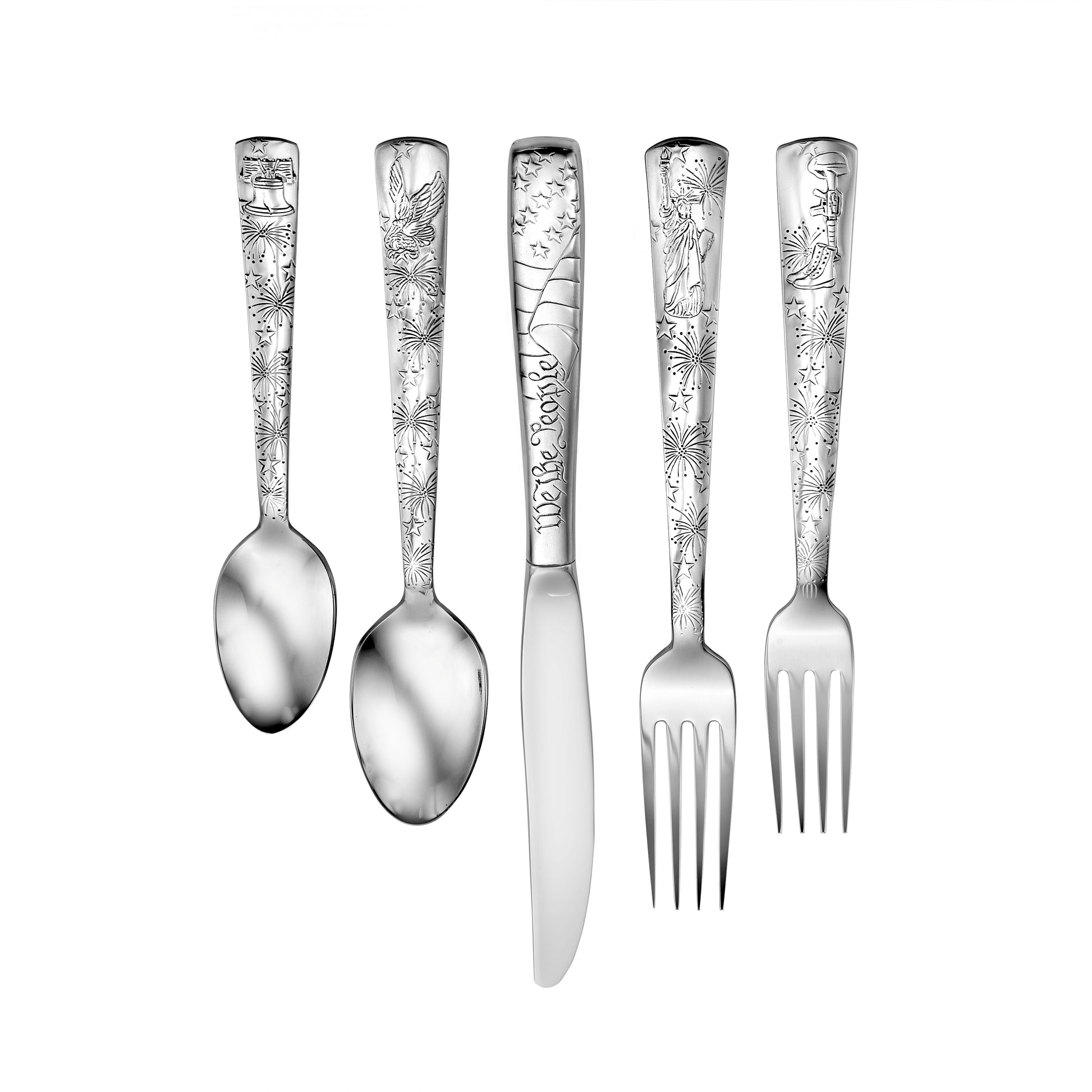 Liberty 45 Piece Flatware Set featuring patriotic designs including a spoon, fork, and knife.