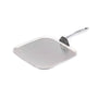 Angled view of 11-inch factory seconds stainless steel griddle with flat surface and riveted handle on white background