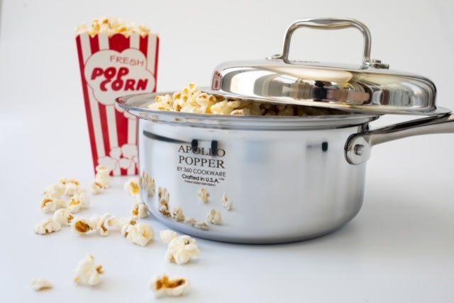 Apollo Popper by 360 Cookware with popped corn and popcorn box in background