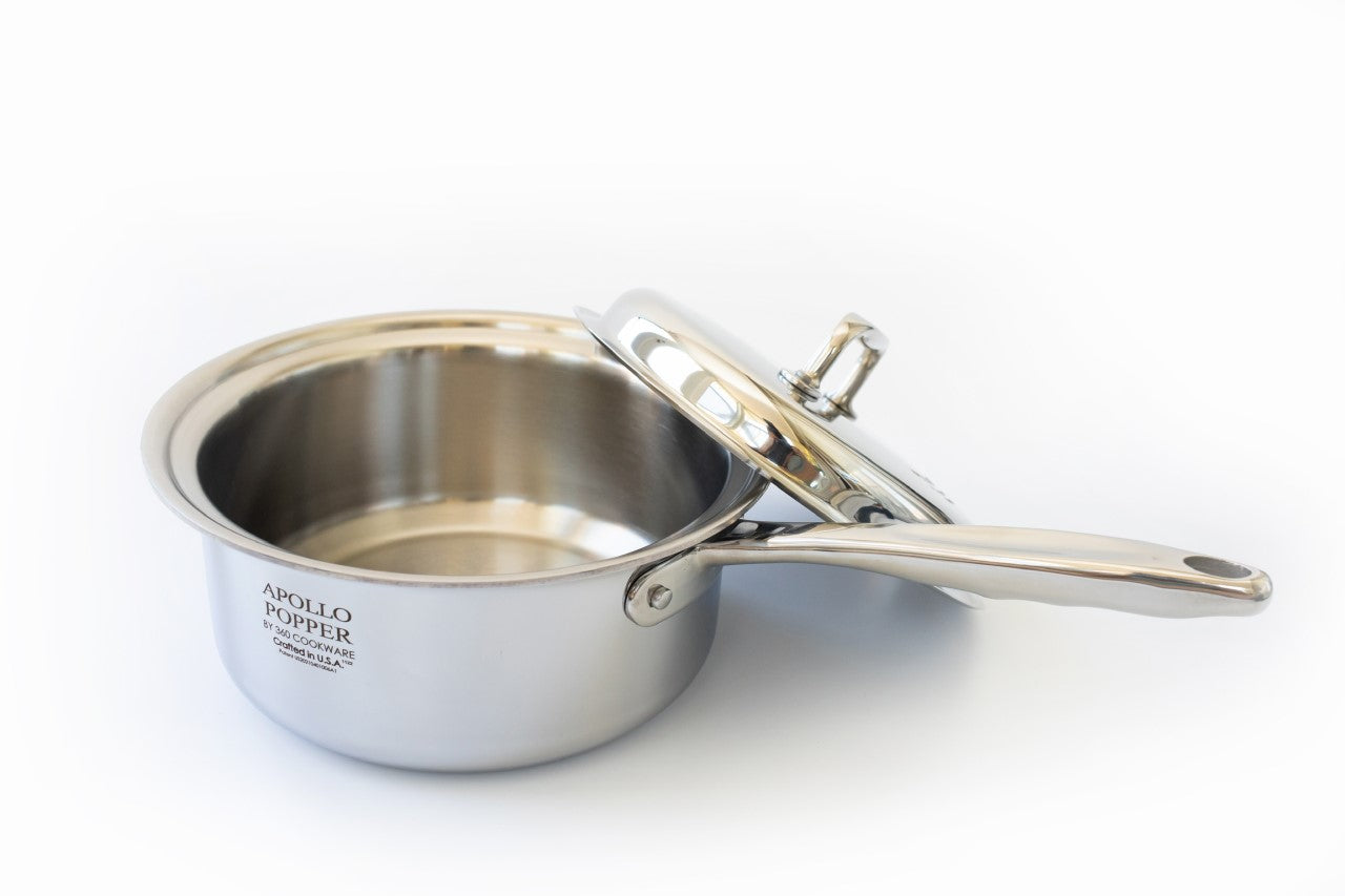 Stainless steel Apollo Popper with lid, designed for popping corn