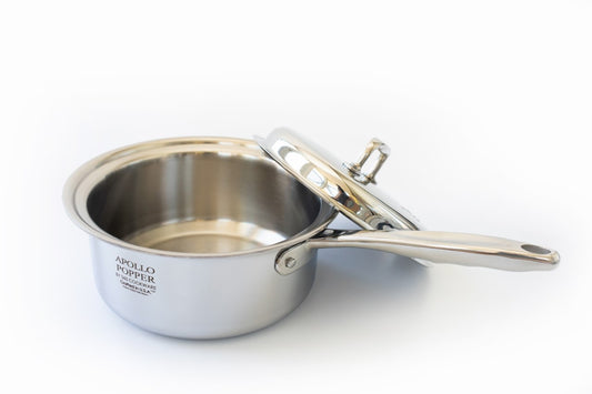Stainless steel Apollo Popper with lid, designed for popping corn