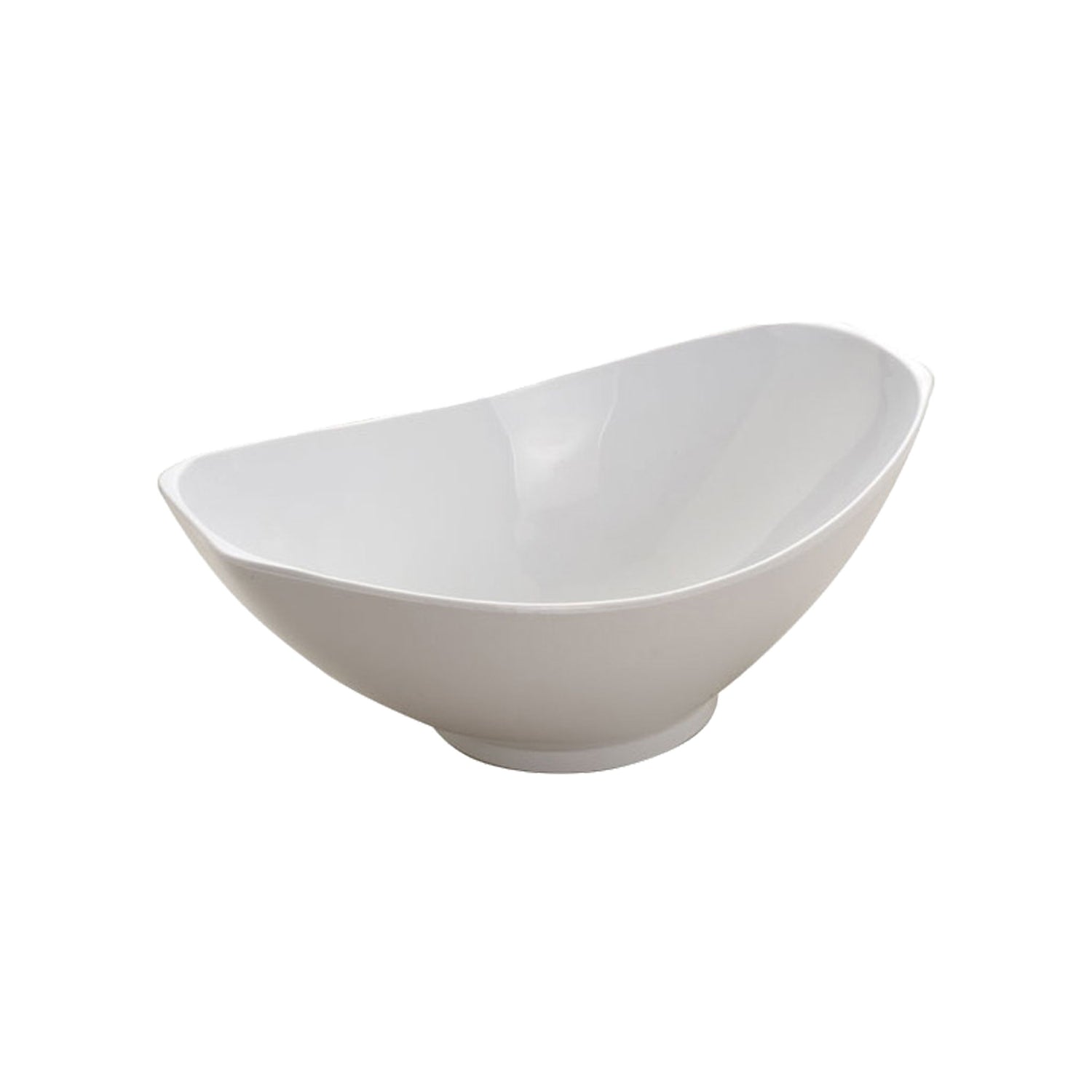 Oval white ceramic serving bowl with a slanted, asymmetrical rim.